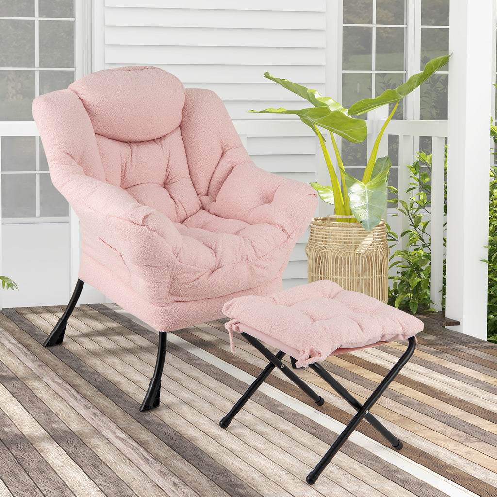 Sherpa Accent Chair with Folding Footrest & Head Pillow, Pink