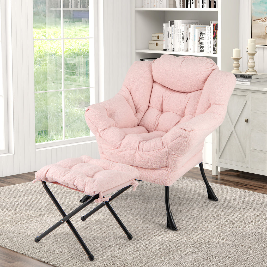 Sherpa Accent Chair with Folding Footrest & Head Pillow, Pink