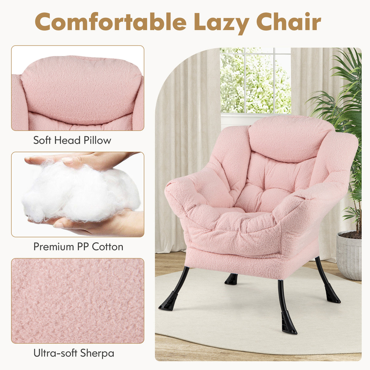 Sherpa Accent Chair with Folding Footrest & Head Pillow, Pink
