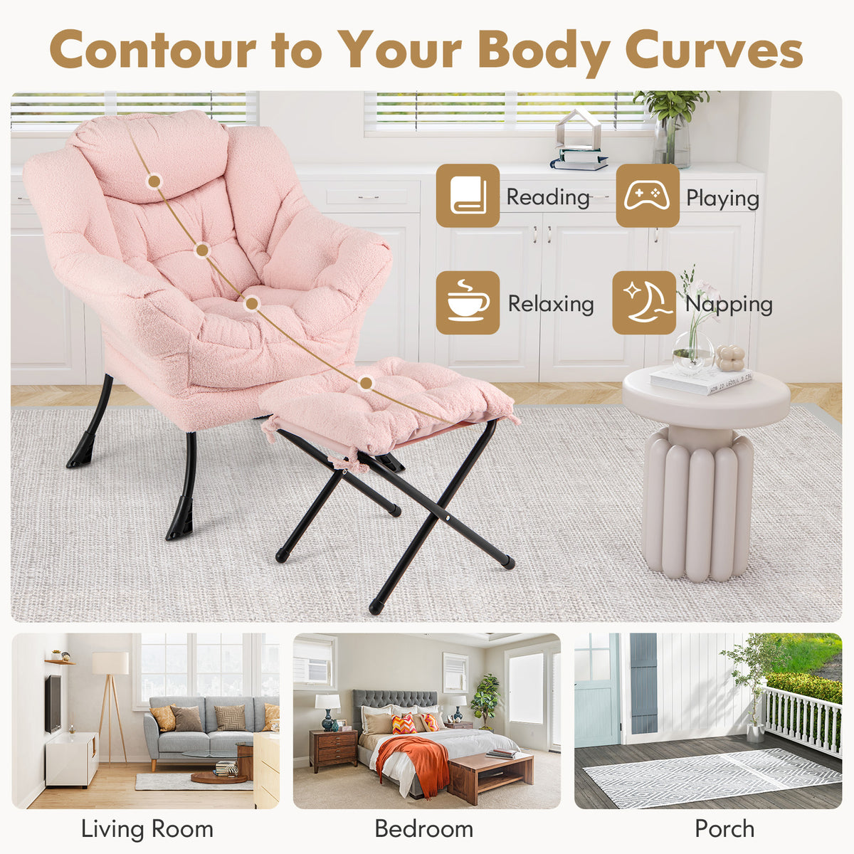 Sherpa Accent Chair with Folding Footrest & Head Pillow, Pink