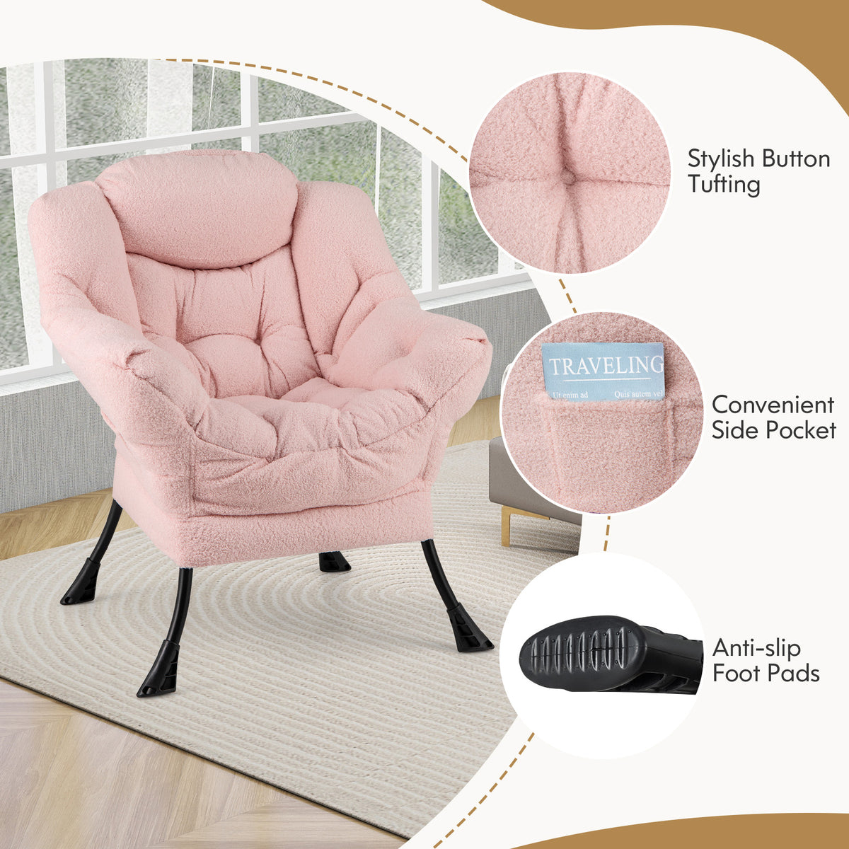Sherpa Accent Chair with Folding Footrest & Head Pillow, Pink