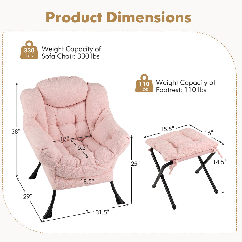 Sherpa Accent Chair with Folding Footrest & Head Pillow, Pink