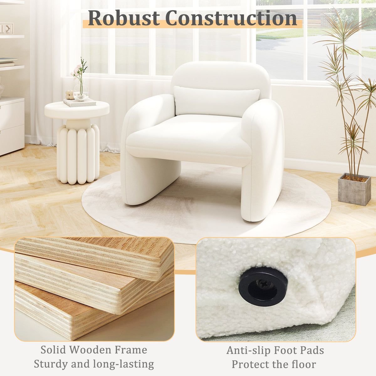 Beige Accent Chair with Lumbar Pillow and Armrests