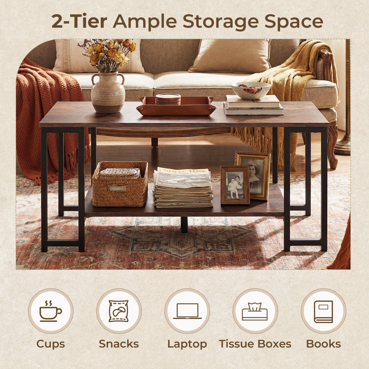 Modern Accent Table with Open Storage Shelf - Rustic Brown