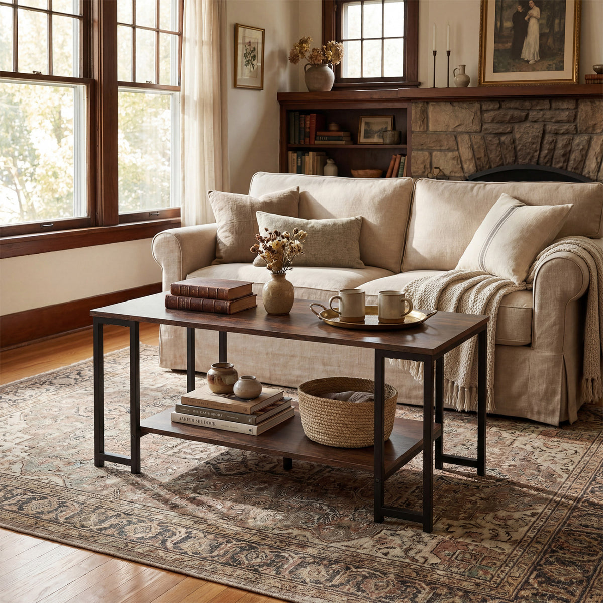 Modern Accent Table with Open Storage Shelf - Rustic Brown