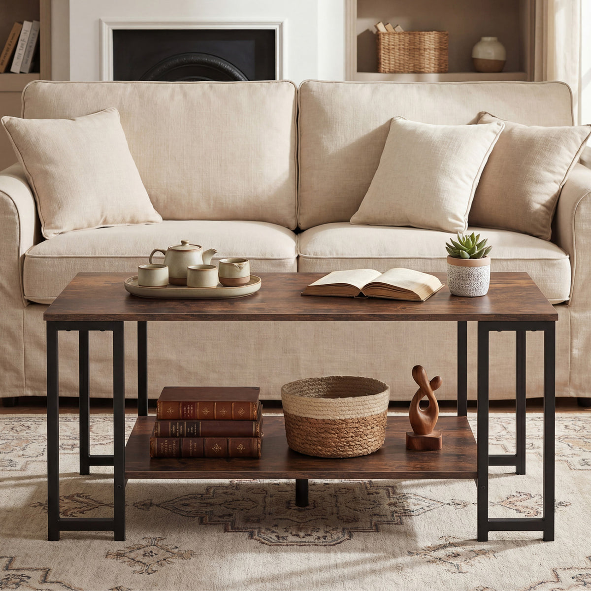 Modern Accent Table with Open Storage Shelf - Rustic Brown
