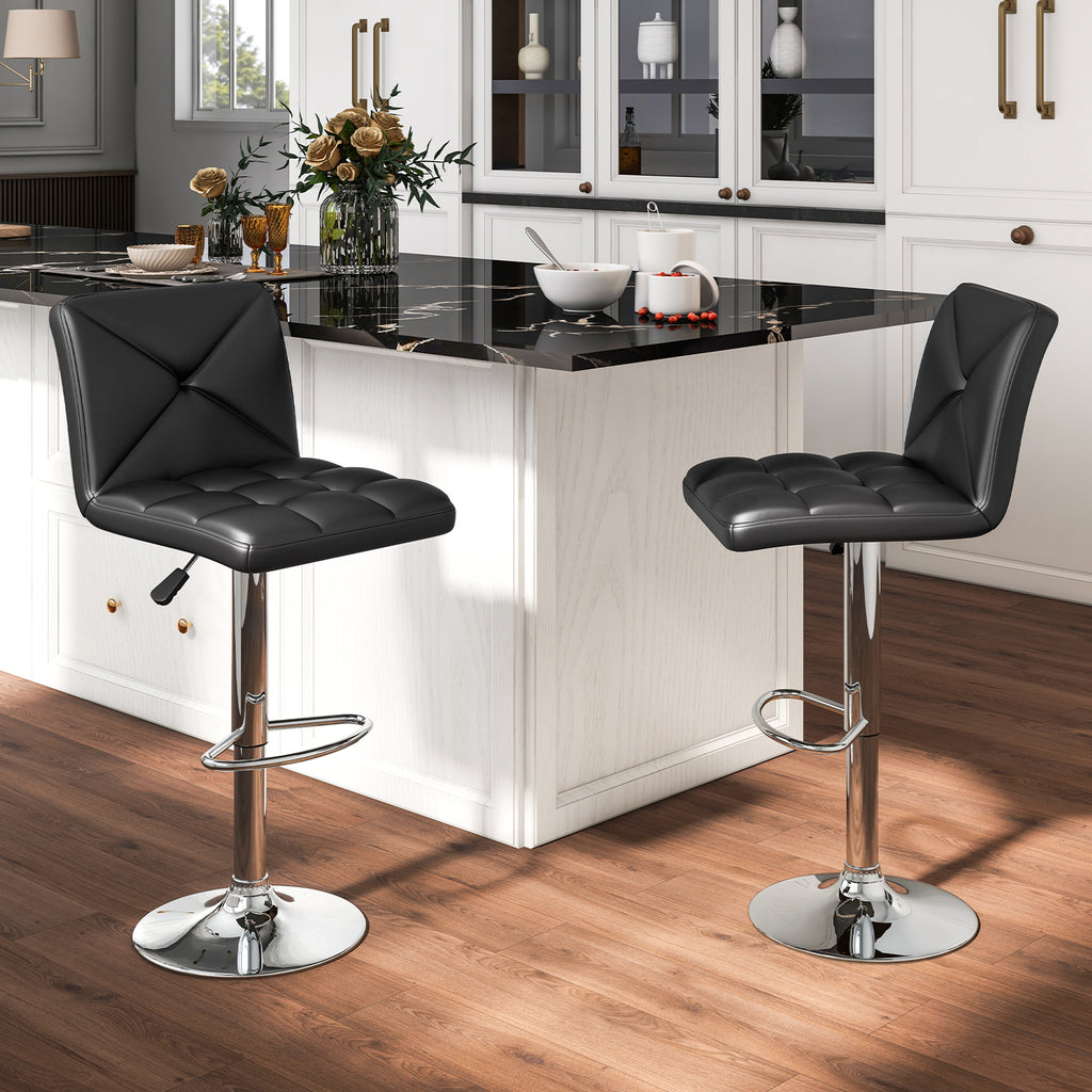 PU Leather Bar Stools Set of 2 with Back, Adjustable Height - Diamond Pattern, Brown
