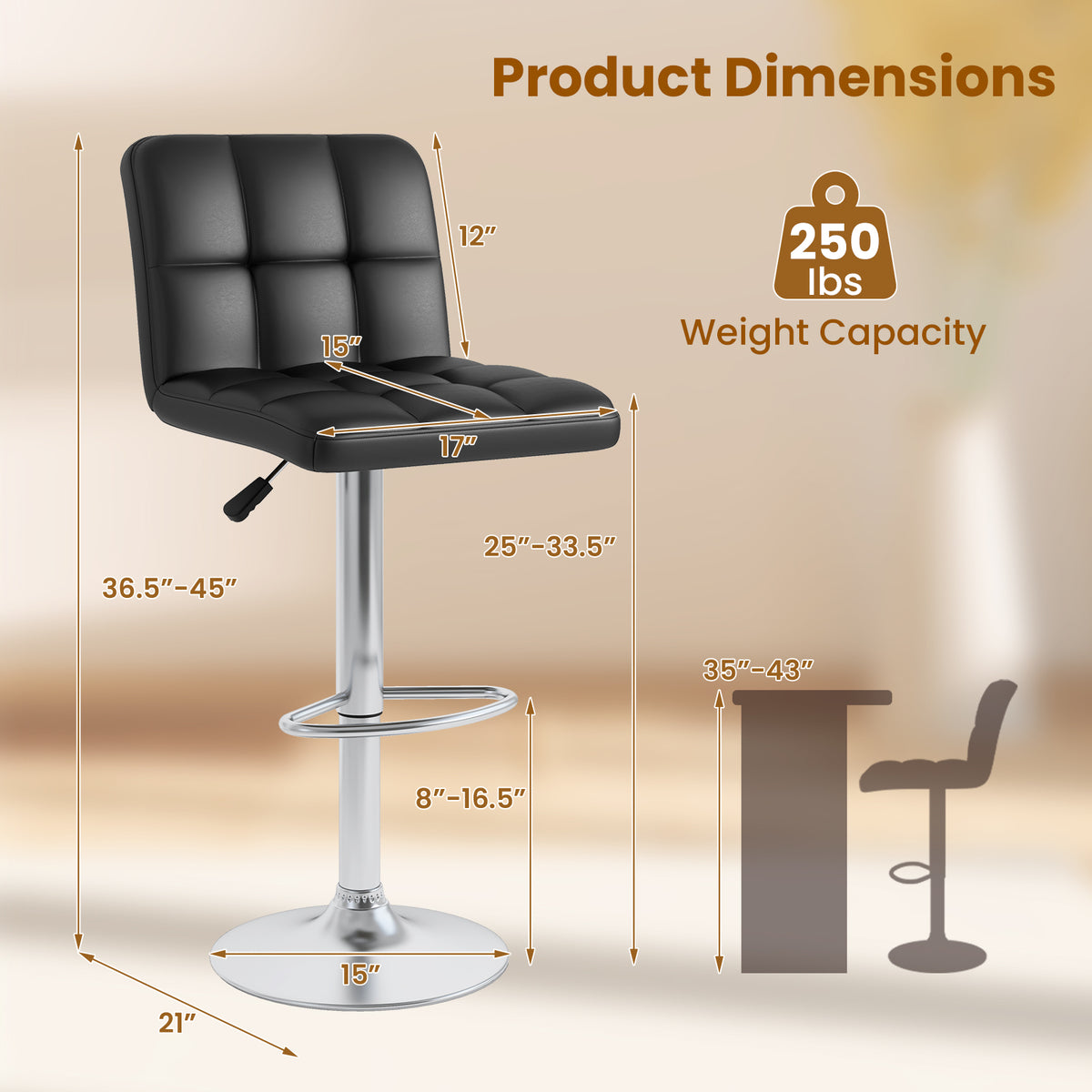 Modern Bar Stools Set of 2 with Backrest - Grid Pattern, Black