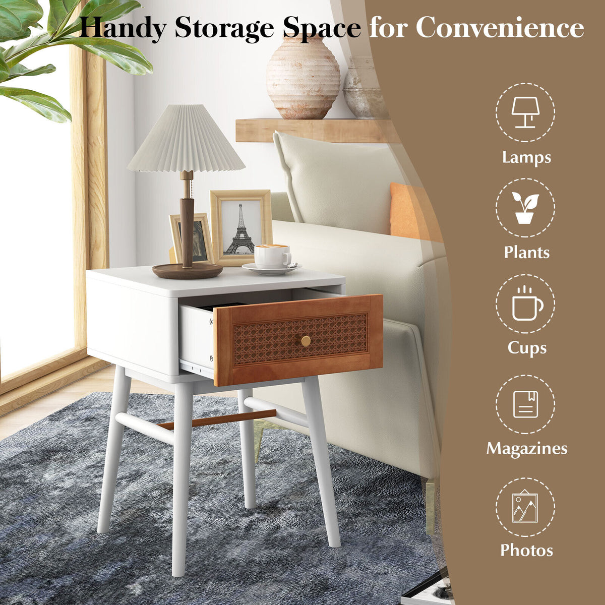 Modern Bedside Table with Drawer, White