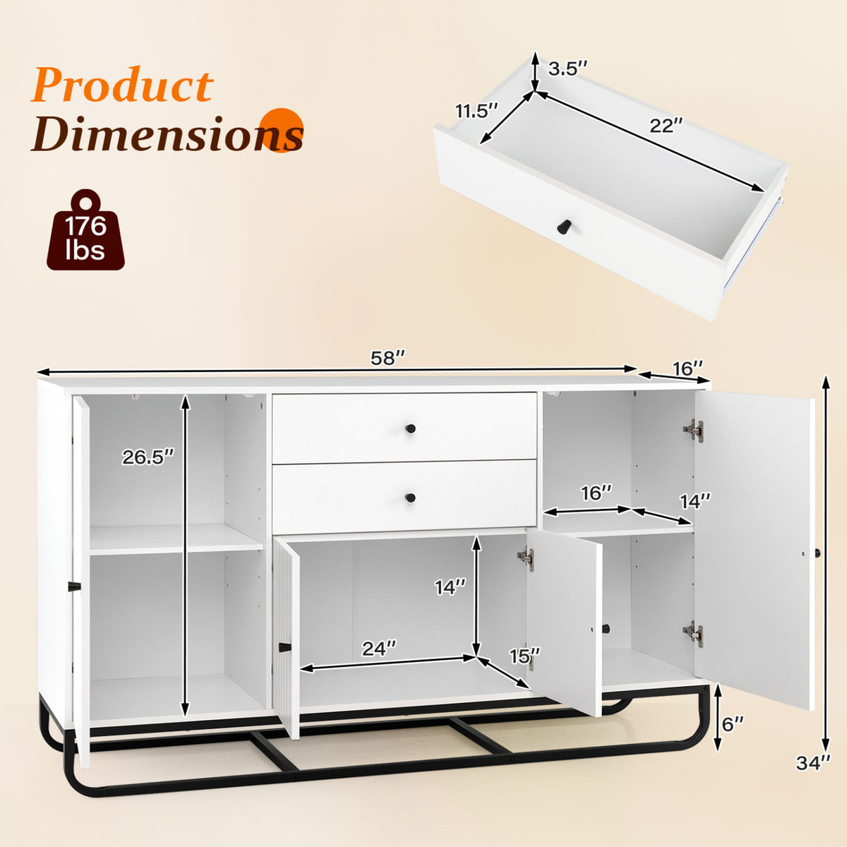 Modern Buffet Sideboard Cabinet with Drawers & Shelves, White