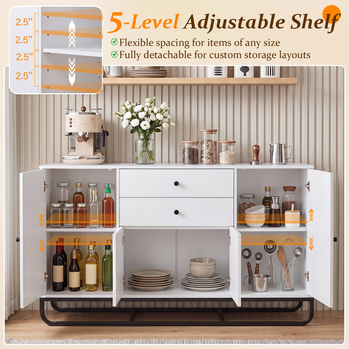 Modern Buffet Sideboard Cabinet with Drawers & Shelves, White