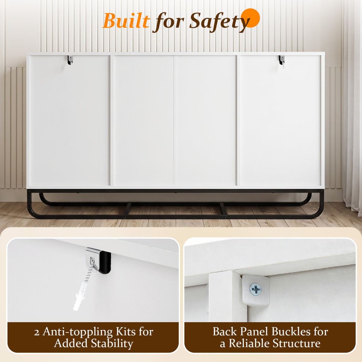 Modern Buffet Sideboard Cabinet w/ Adjustable Shelves - White