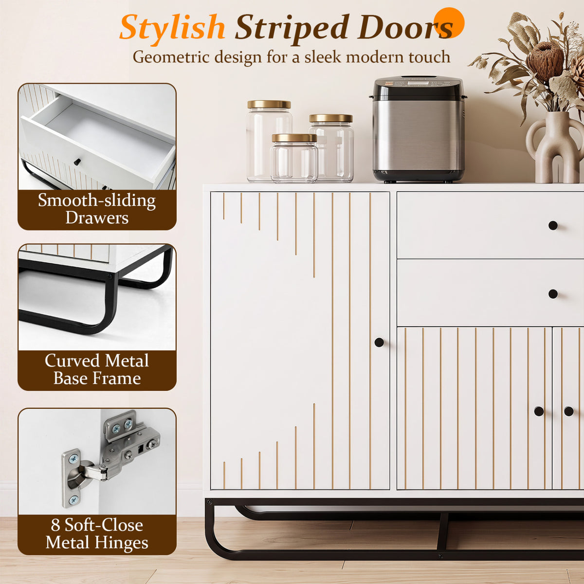 Modern Buffet Sideboard Cabinet with Drawers & Shelves, White