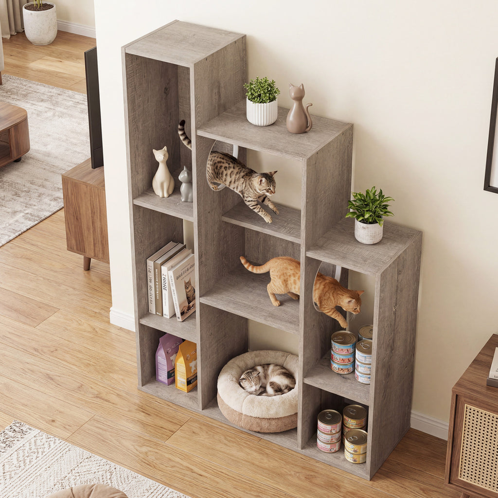 Gray Modern Cat Bookshelf with Cat Tree and Storage - 8 Sections