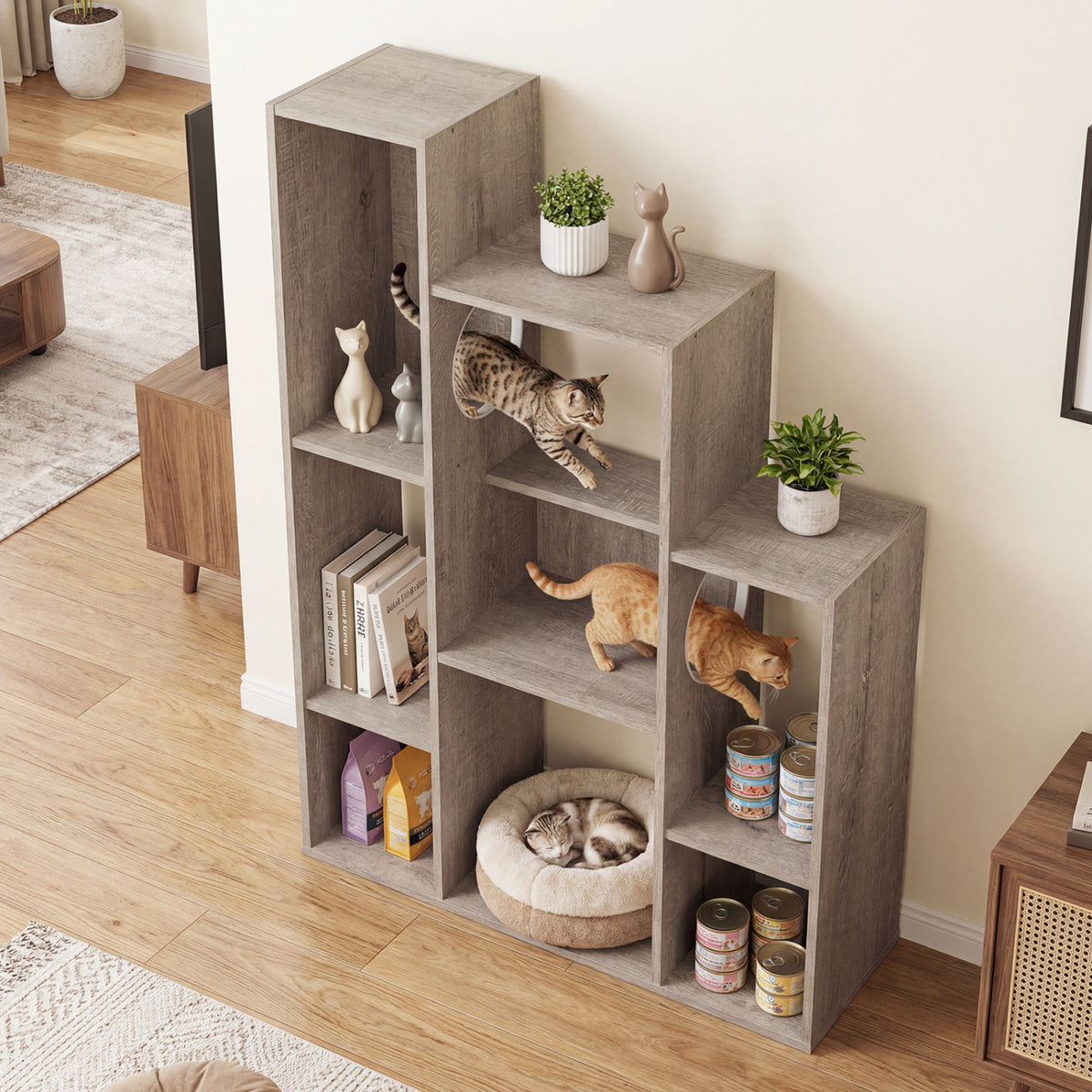 Gray Modern Cat Bookshelf with Cat Tree and Storage - 8 Sections