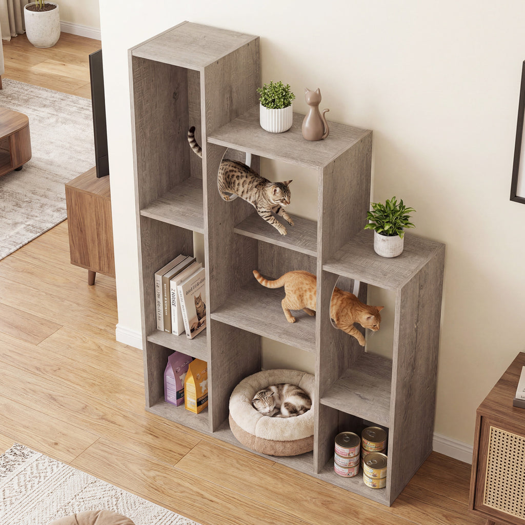 Gray Modern Cat Bookshelf with Cat Tree and Storage - 8 Sections