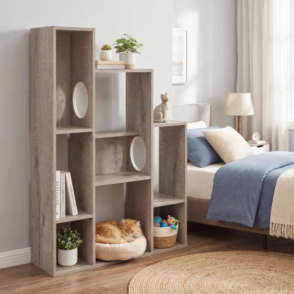 Gray Modern Cat Bookshelf with Cat Tree and Storage - 8 Sections