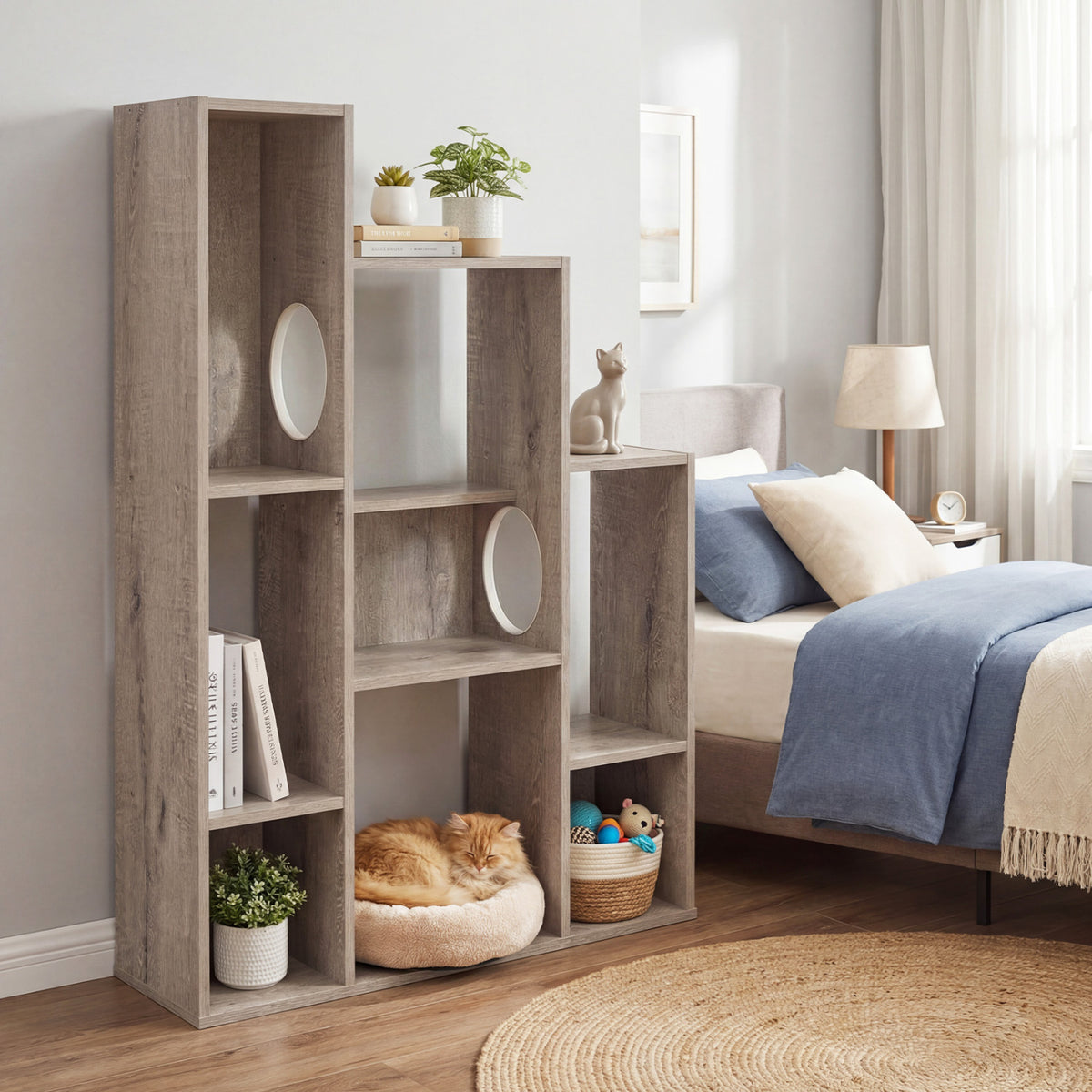 Gray Modern Cat Bookshelf with Cat Tree and Storage - 8 Sections