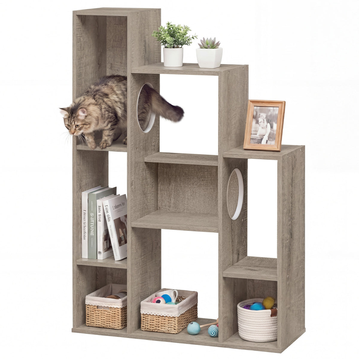 Gray Modern Cat Bookshelf with Cat Tree and Storage - 8 Sections
