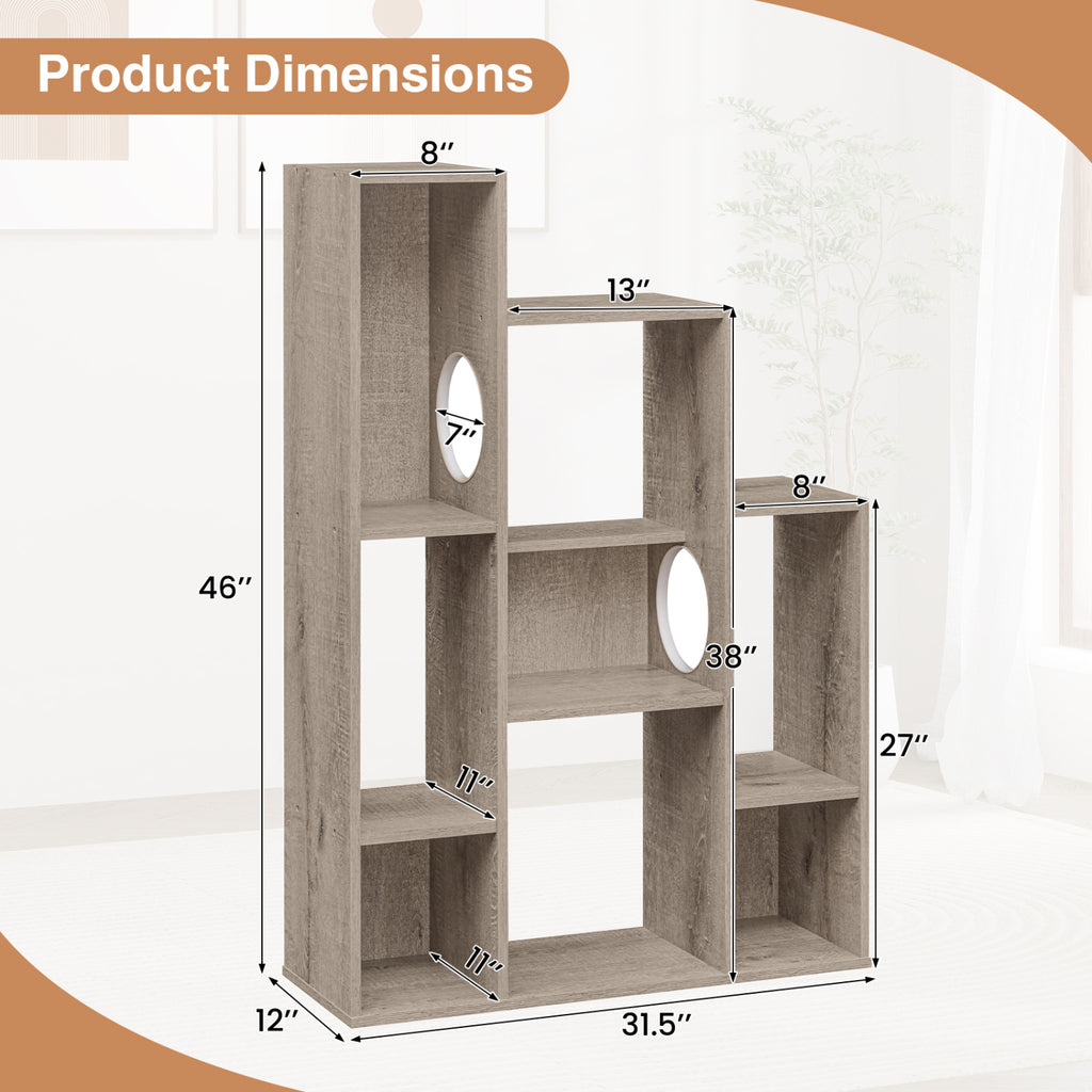 Gray Modern Cat Bookshelf with Cat Tree and Storage - 8 Sections