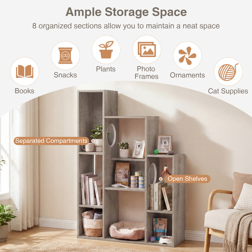 Gray Modern Cat Bookshelf with Cat Tree and Storage - 8 Sections