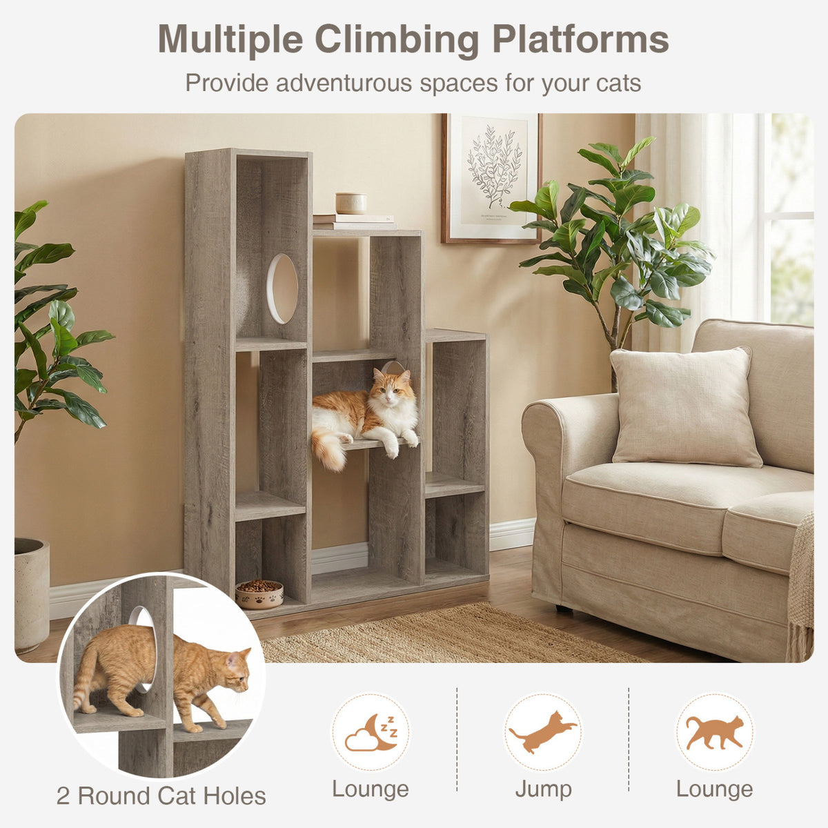 Gray Modern Cat Bookshelf with Cat Tree and Storage - 8 Sections