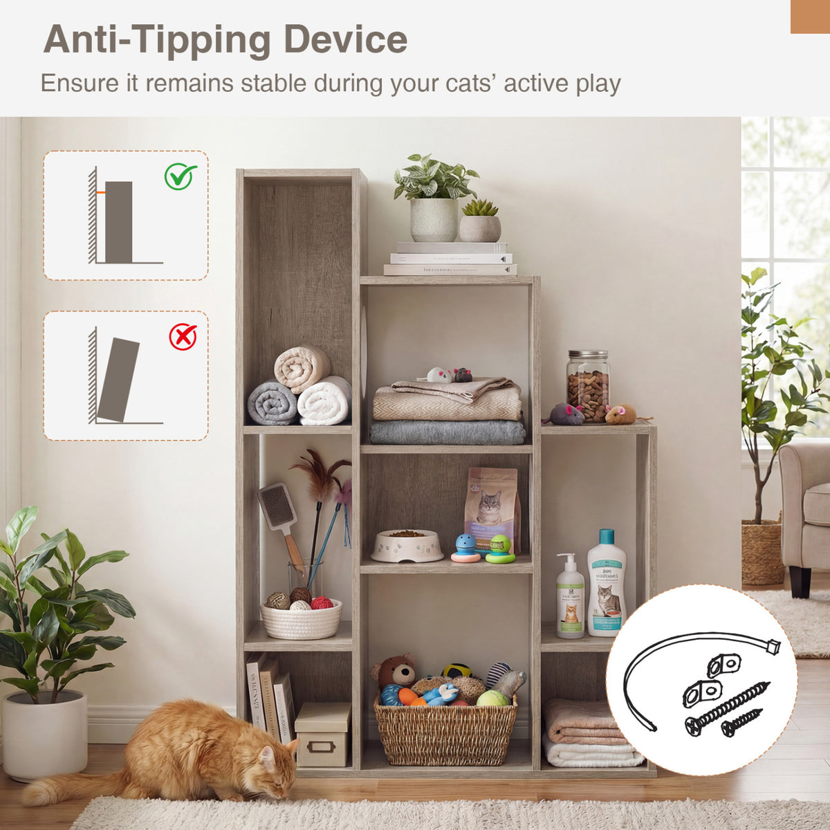 Gray Modern Cat Bookshelf with Cat Tree and Storage - 8 Sections