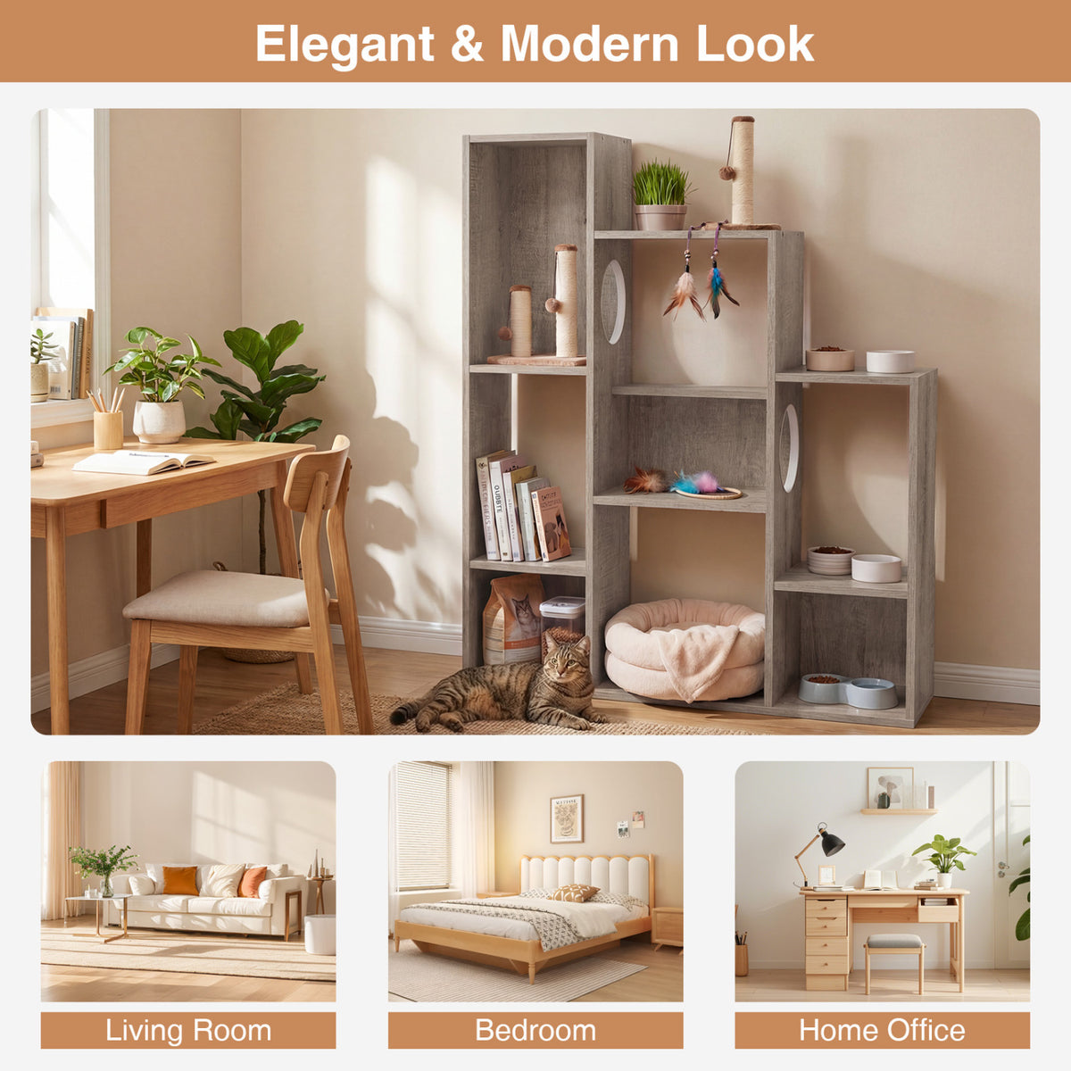 Gray Modern Cat Bookshelf with Cat Tree and Storage - 8 Sections