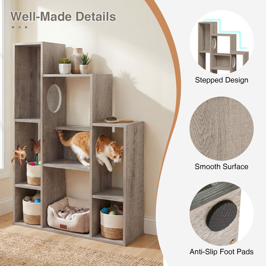 Gray Modern Cat Bookshelf with Cat Tree and Storage - 8 Sections
