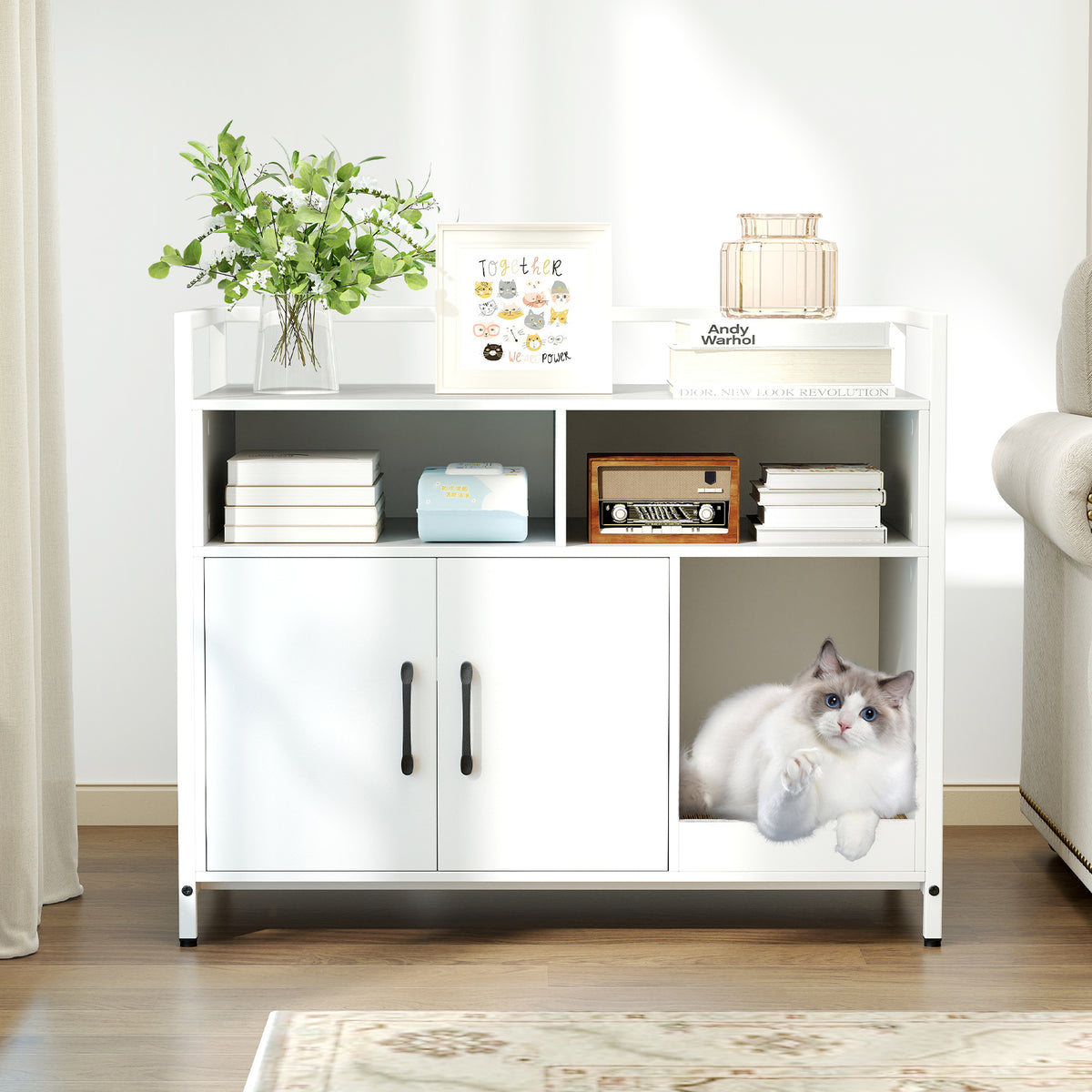 Hidden Cat Washroom Cabinet with Double Doors & Scratch Cardboard - Off White