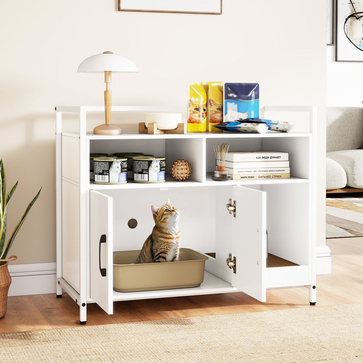 Hidden Cat Washroom Cabinet with Double Doors & Scratch Cardboard - Off White