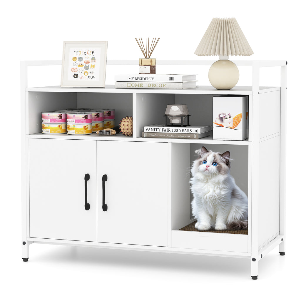 Hidden Cat Washroom Cabinet with Double Doors & Scratch Cardboard - Off White