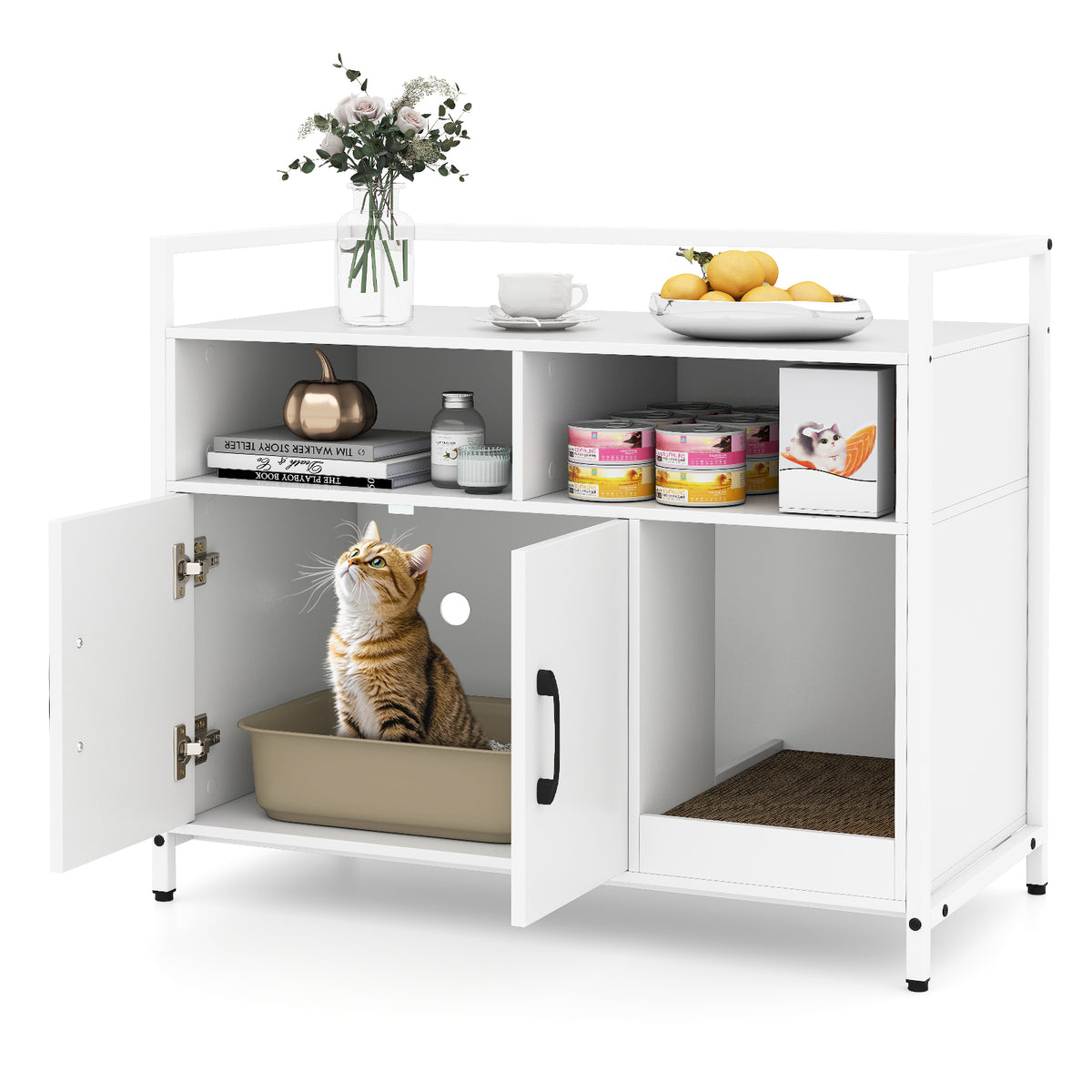 Hidden Cat Washroom Cabinet with Double Doors & Scratch Cardboard - Off White