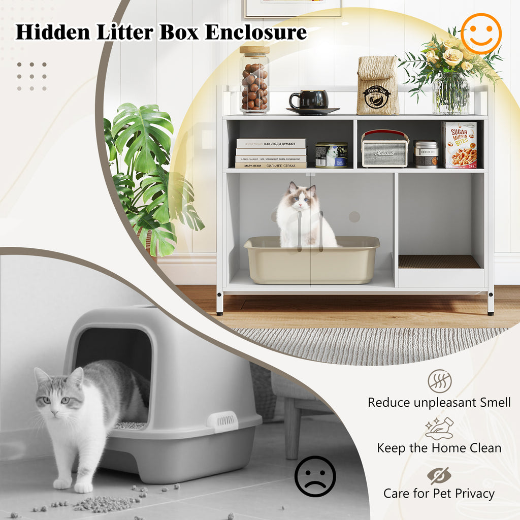 Hidden Cat Washroom Cabinet with Double Doors & Scratch Cardboard - Off White