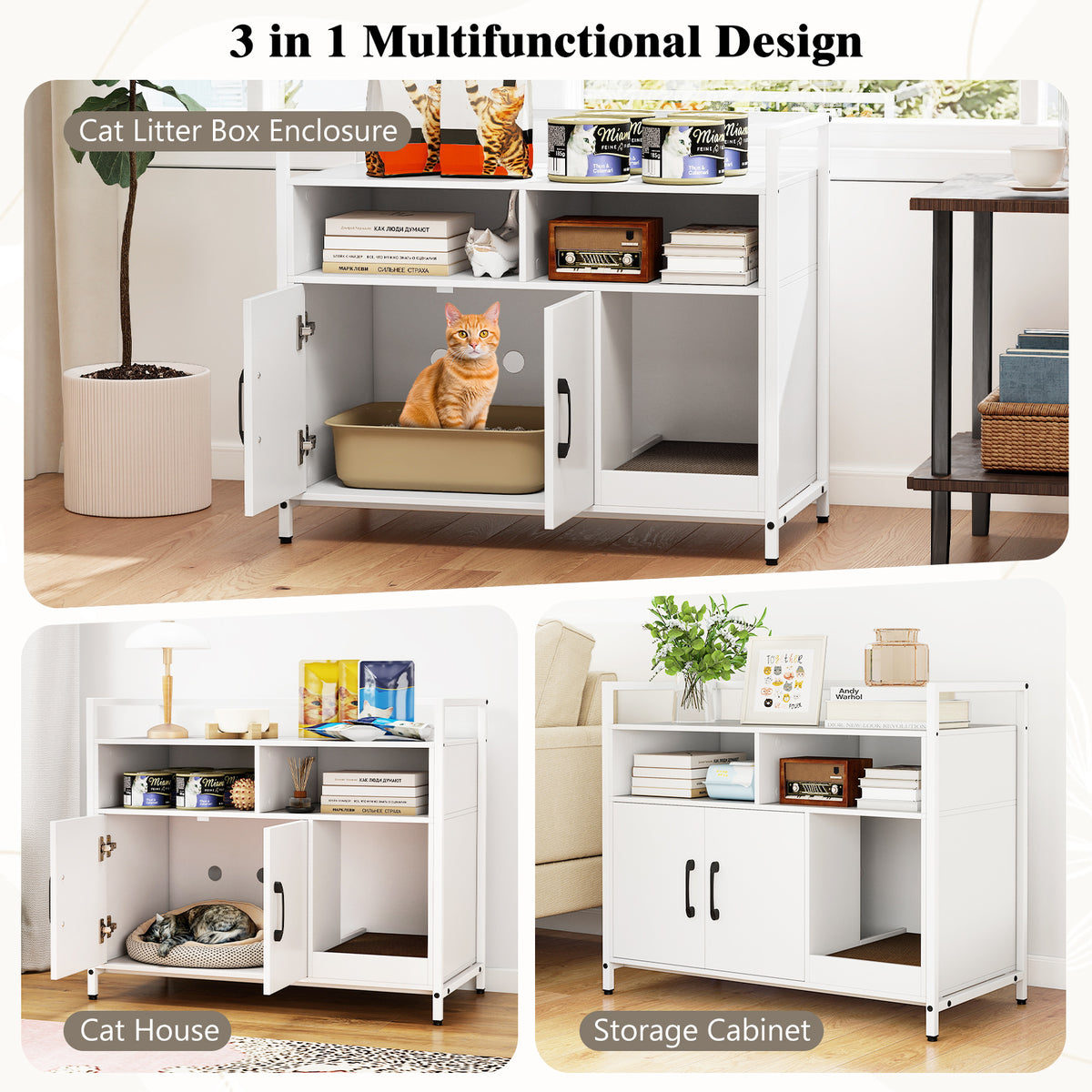 Hidden Cat Washroom Cabinet with Double Doors & Scratch Cardboard - Off White