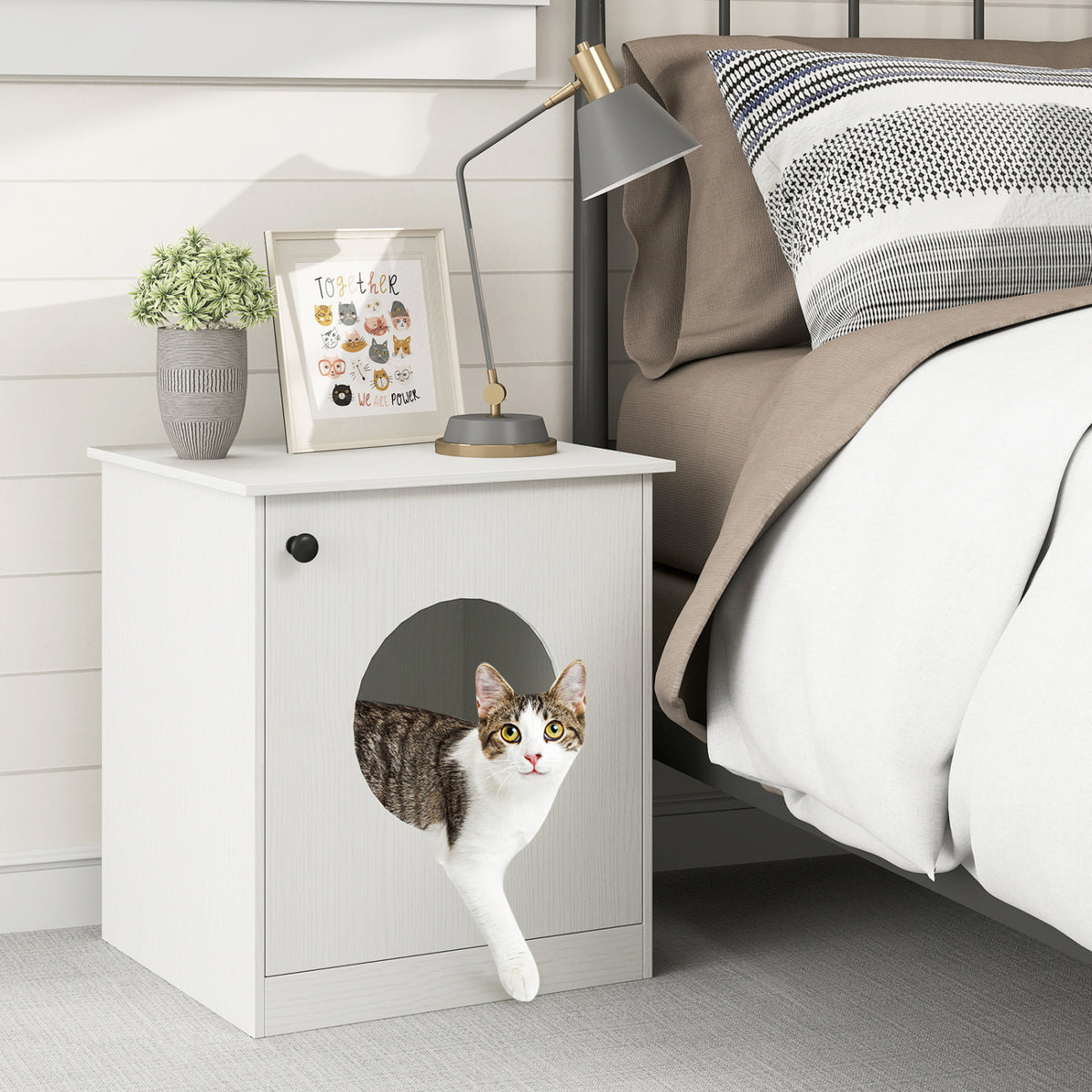 White Modern Cat Litter Box Enclosure for Small to Large Cats - Nightstand & Privacy Hideaway