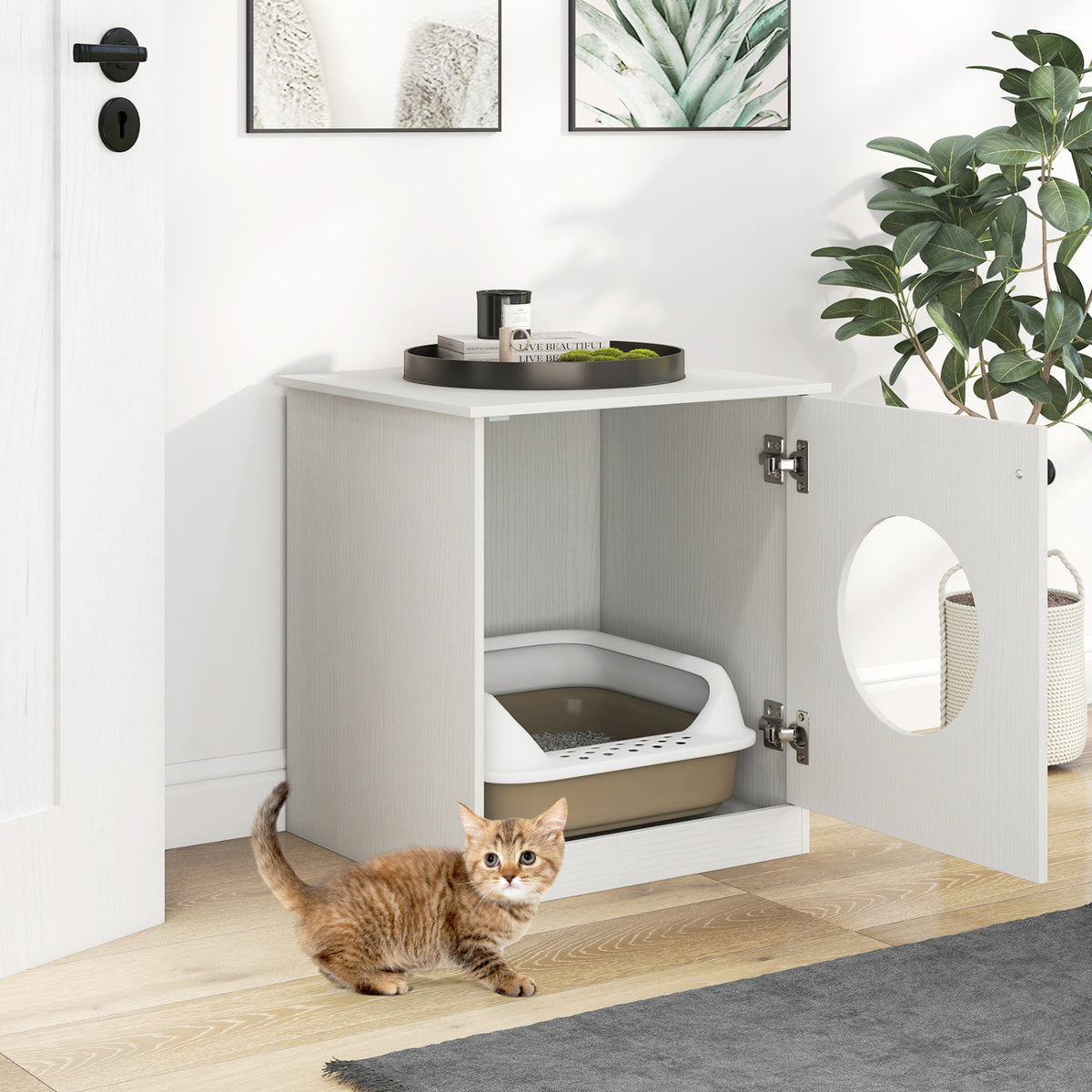 White Modern Cat Litter Box Enclosure for Small to Large Cats - Nightstand & Privacy Hideaway
