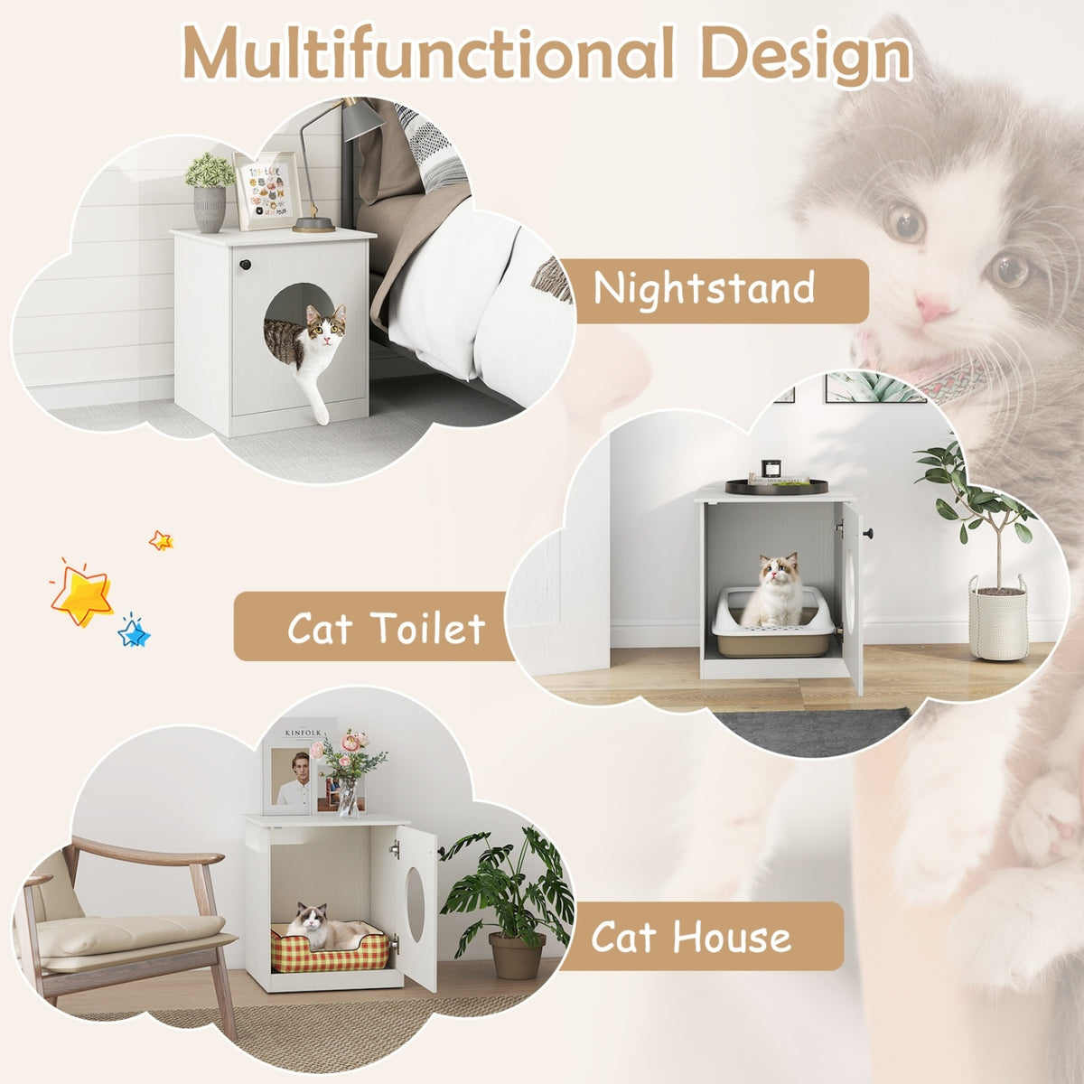 White Modern Cat Litter Box Enclosure for Small to Large Cats - Nightstand & Privacy Hideaway