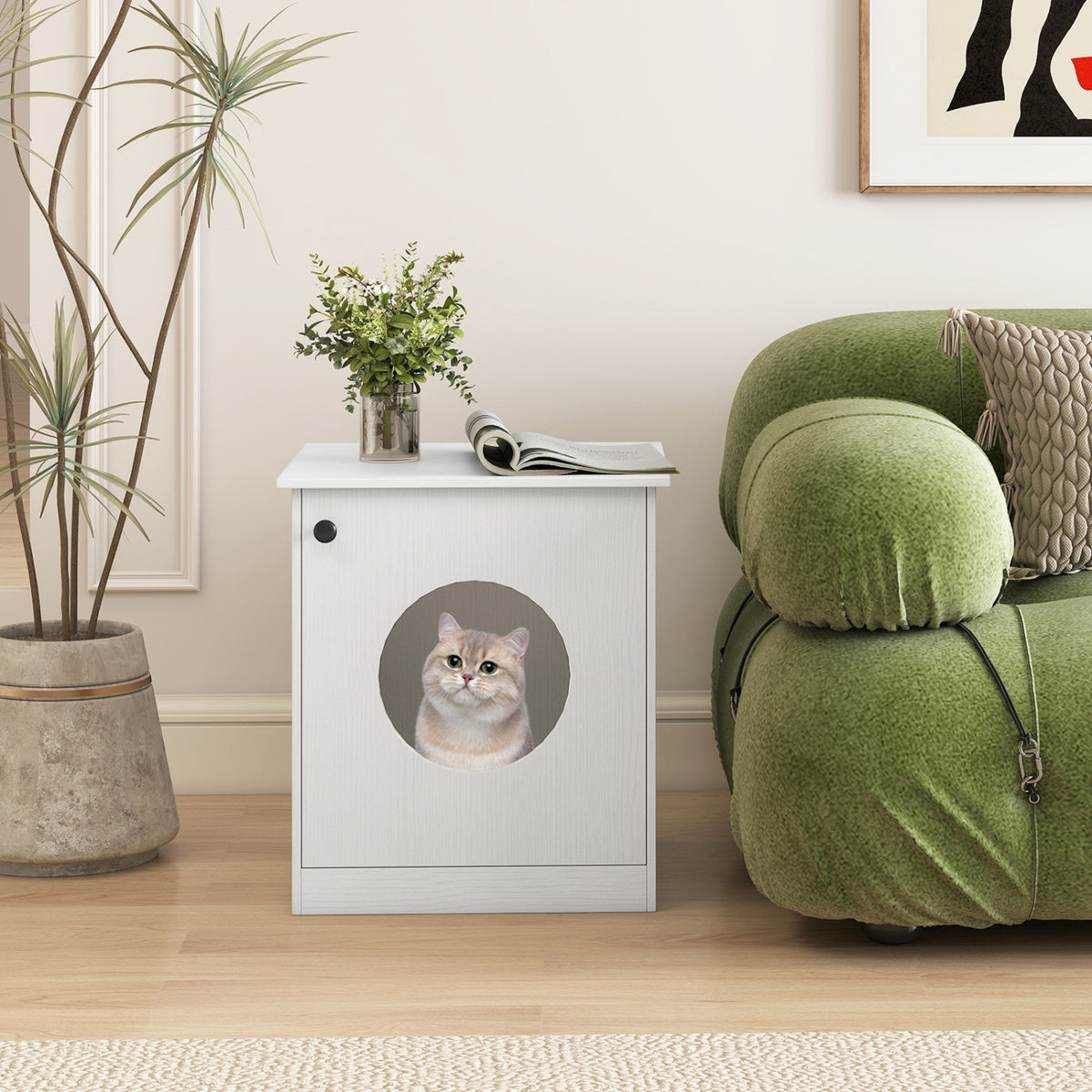 White Modern Cat Litter Box Enclosure for Small to Large Cats - Nightstand & Privacy Hideaway