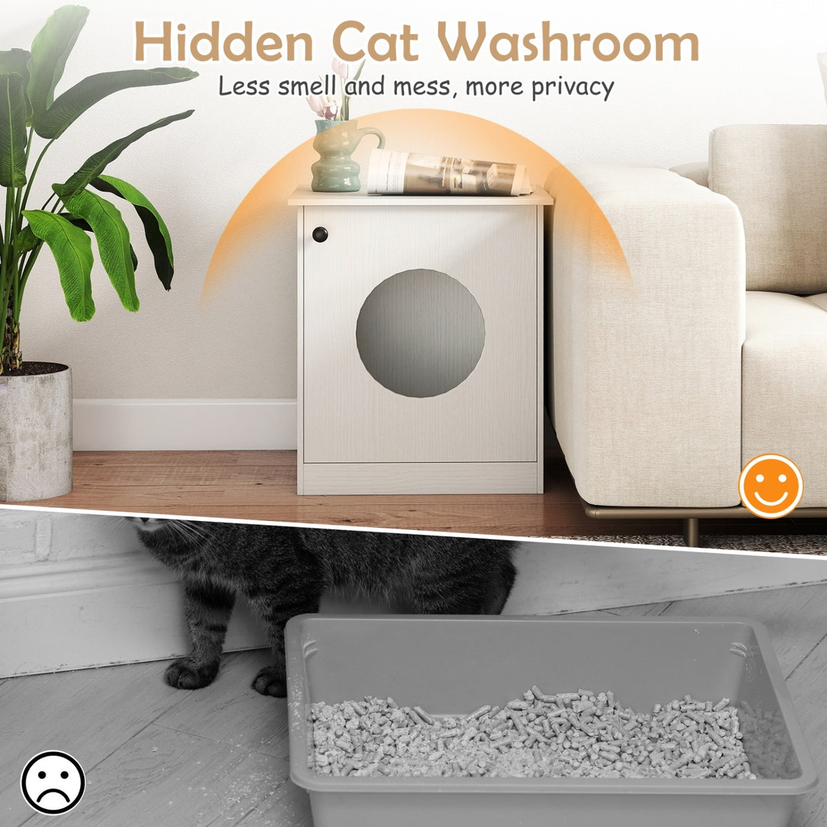 White Modern Cat Litter Box Enclosure for Small to Large Cats - Nightstand & Privacy Hideaway