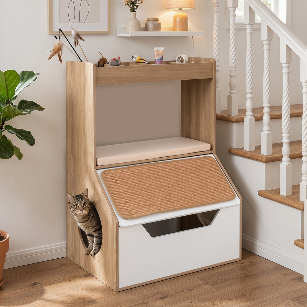 Natural 3-in-1 Cat House Cabinet with Cubbies, Scratching Pad & Removable Cushion