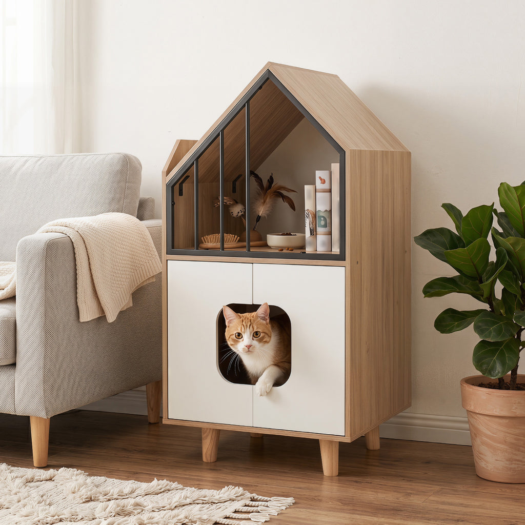Wooden Cat Litter Box Enclosure with Shelf & Doors - Natural Finish, House-Shaped Indoor Cat Furniture