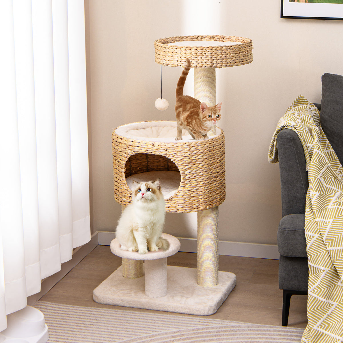 Modern Cat Tower Cat Tree with Top Perch & Cattail Fluff Condo - Natural Variation