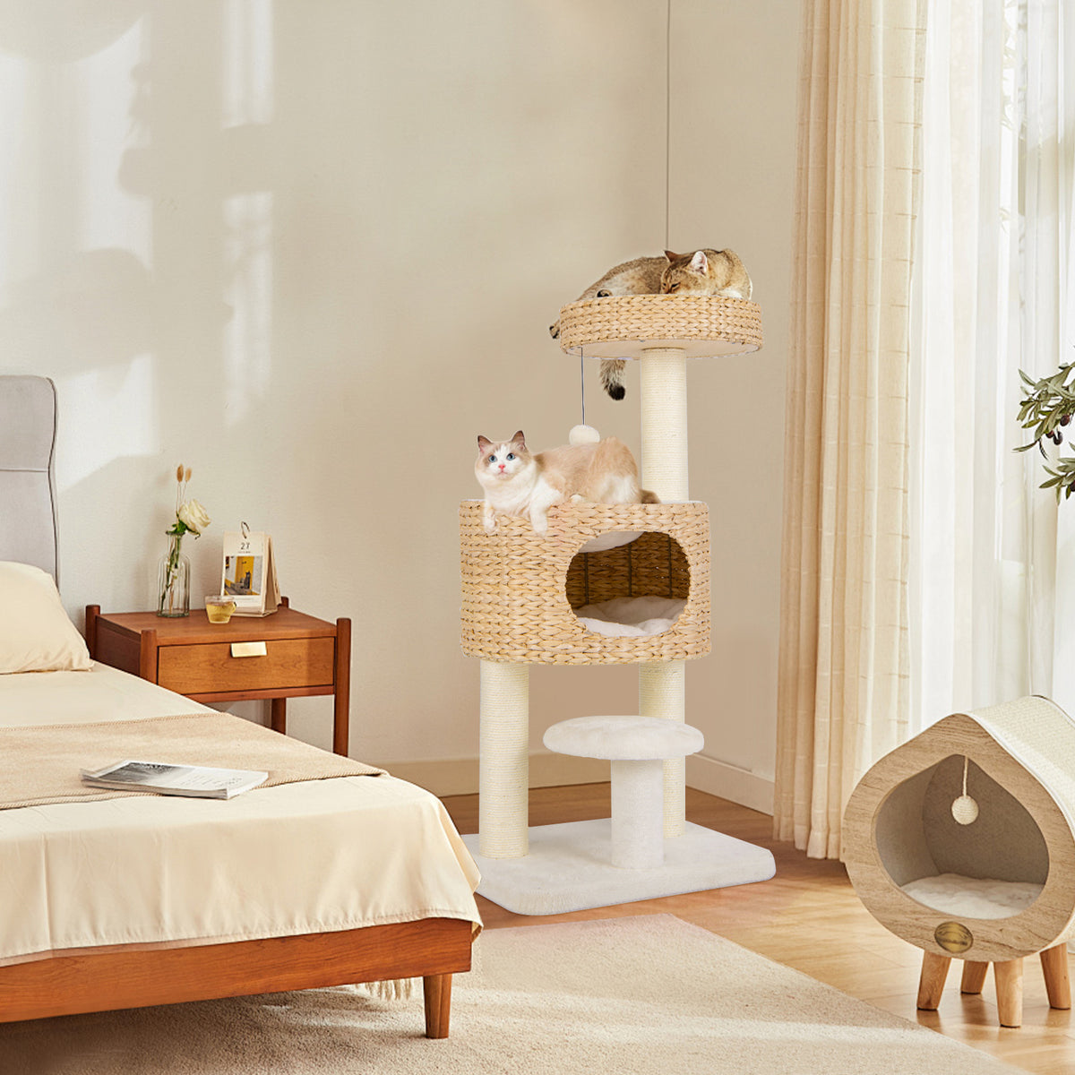 Modern Cat Tower Cat Tree with Top Perch & Cattail Fluff Condo - Natural Variation