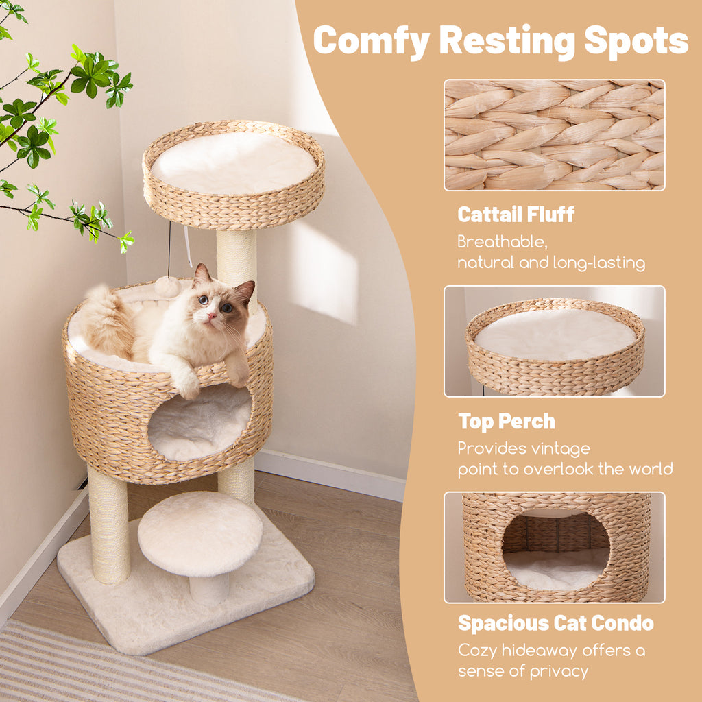 Modern Cat Tower Cat Tree with Top Perch & Cattail Fluff Condo - Natural Variation