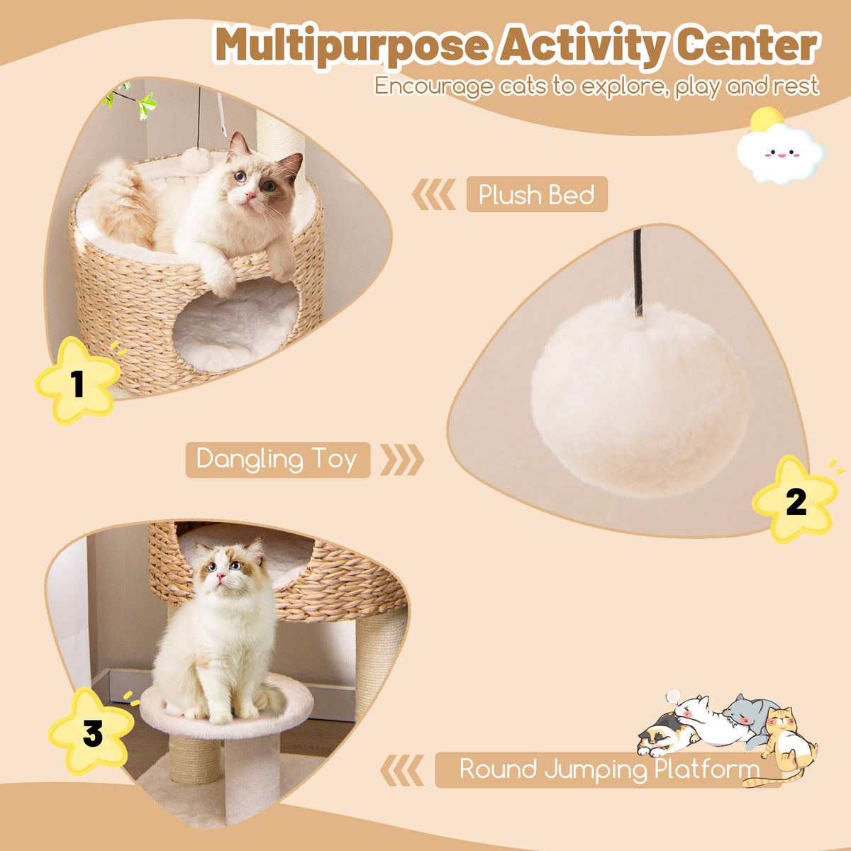 Modern Cat Tower Cat Tree with Top Perch & Cattail Fluff Condo - Natural Variation