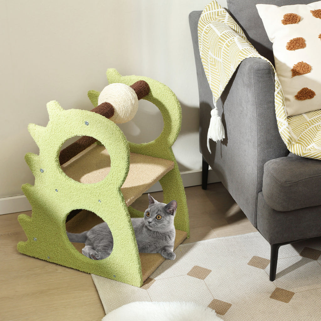 Green 2-Tier Modern Cat Tree with Rotatable Sisal Ball and Plush Fabric