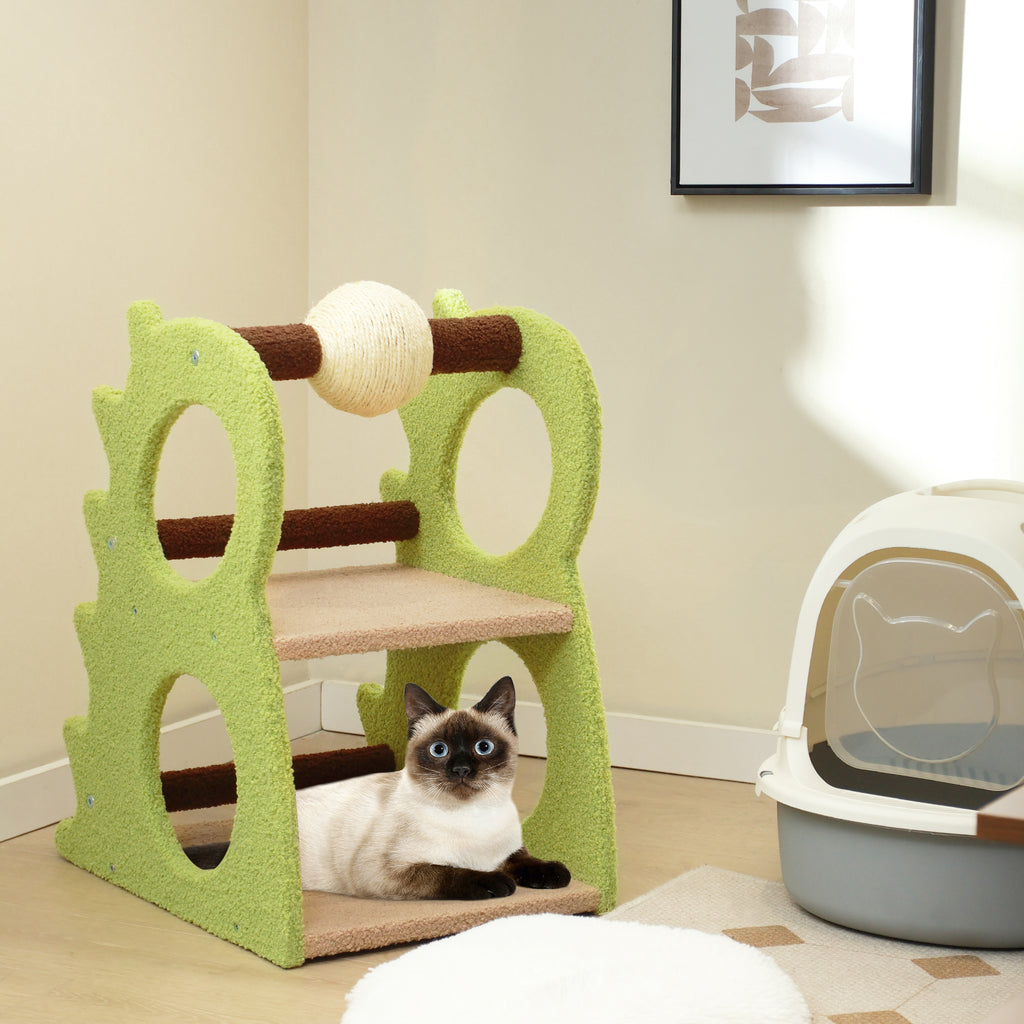 Green 2-Tier Modern Cat Tree with Rotatable Sisal Ball and Plush Fabric