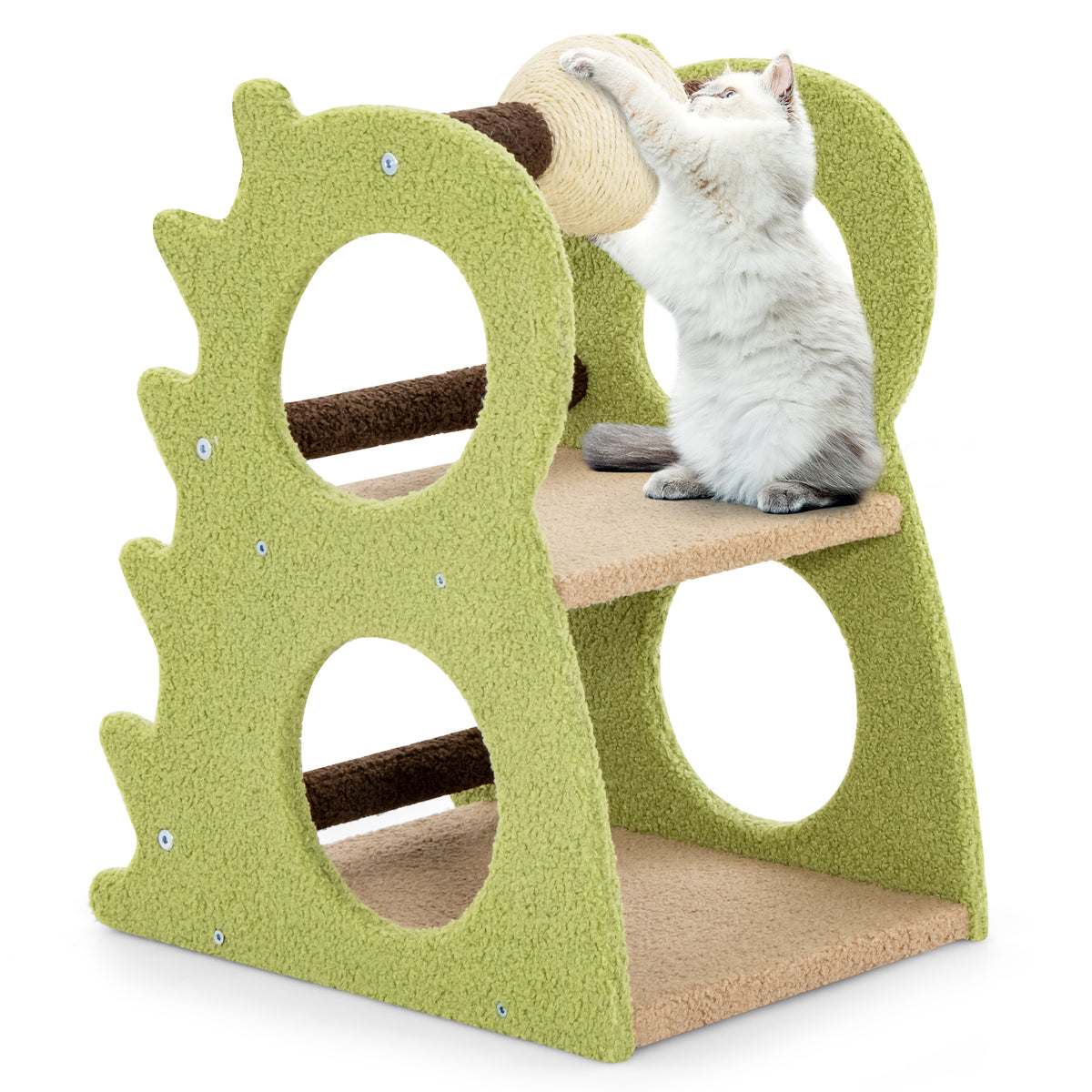 Green 2-Tier Modern Cat Tree with Rotatable Sisal Ball and Plush Fabric