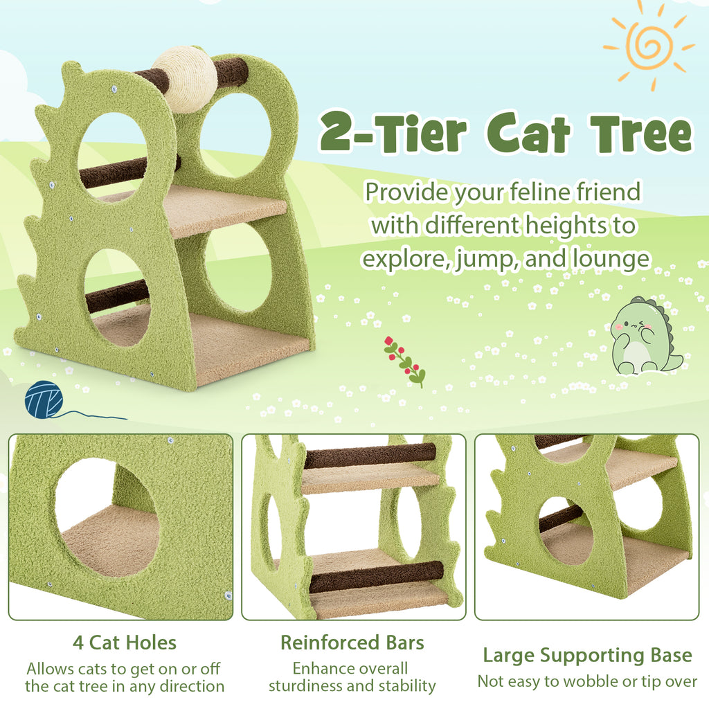 Green 2-Tier Modern Cat Tree with Rotatable Sisal Ball and Plush Fabric